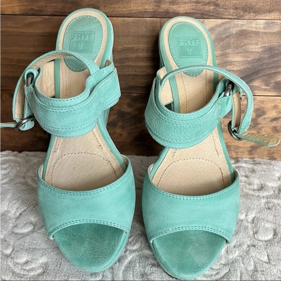 Frye Carlie Sling Platform Wedge Sandals Sz 9.5M Teal Mint Green Chic Prep EUC - Picture 14 of 14